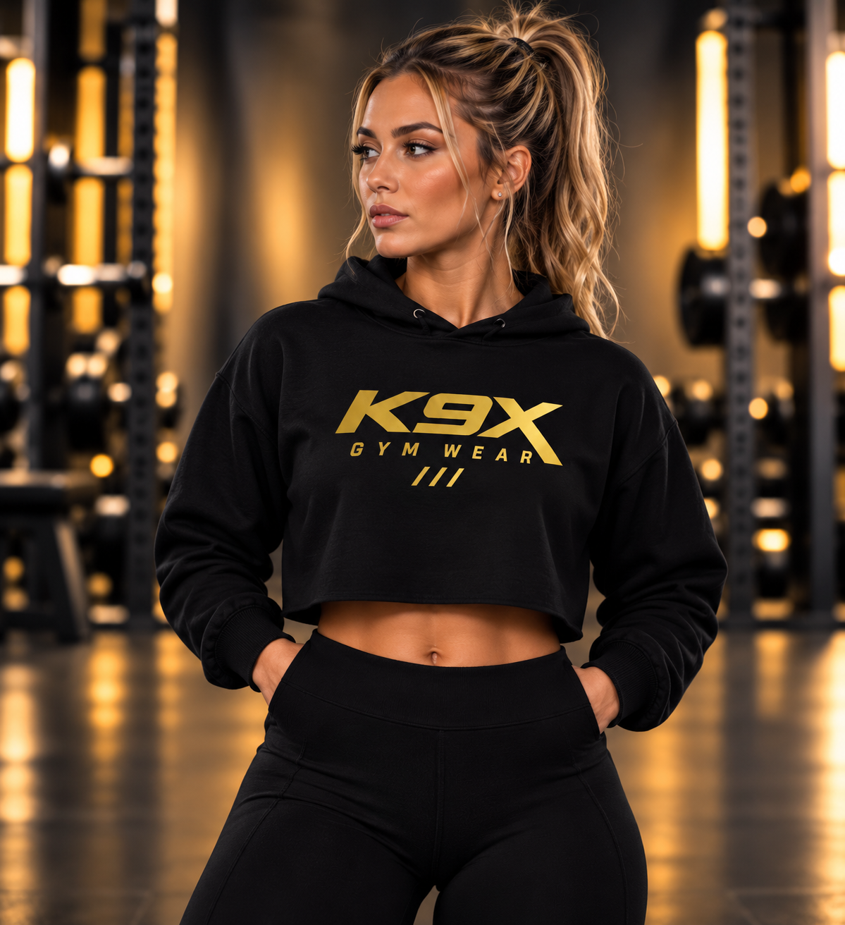 K9X Gold Standard Women’s Cropped Raw-Hem Gym Crop Hoodie