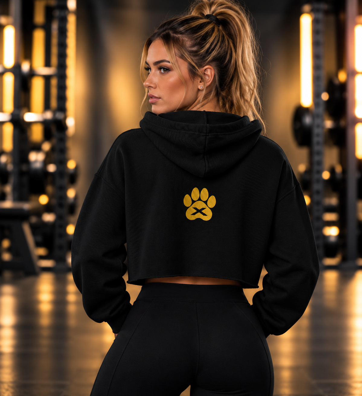 K9X Gold Standard Women’s Cropped Raw-Hem Gym Crop Hoodie